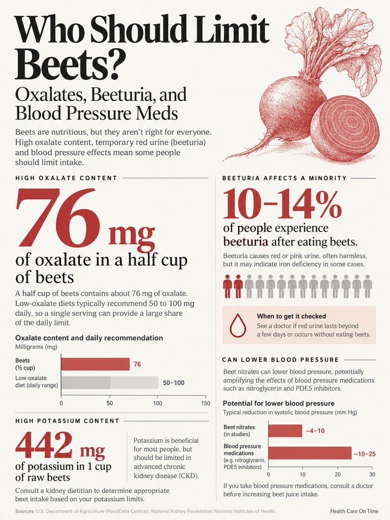 Infographic showing beet oxalate content, beeturia statistics, and blood pressure medication effects with charts and illustrations.