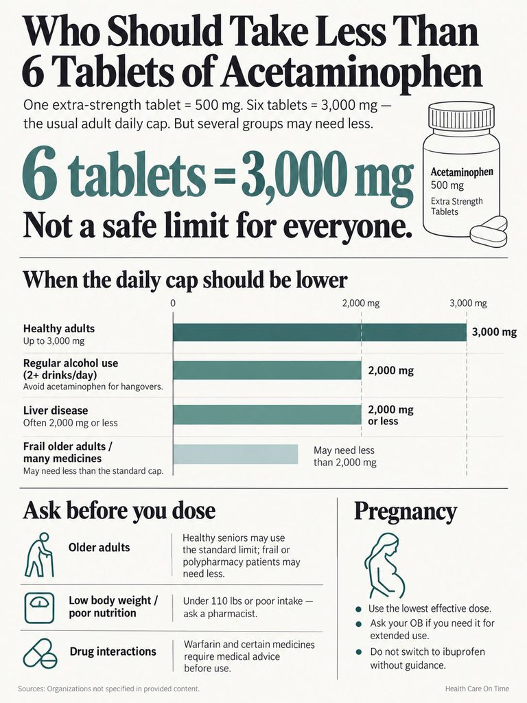 Infographic detailing acetaminophen dosage guidelines for various groups, including charts and warnings.