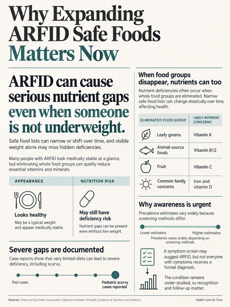 Infographic explaining ARFID's nutrient gaps, highlighting eliminated food groups and their nutrient concerns.