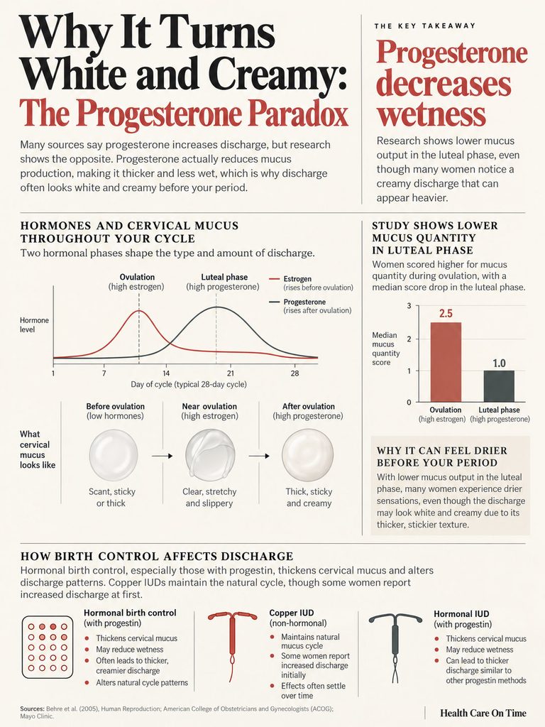 Infographic explaining the progesterone paradox and its effect on cervical mucus throughout the menstrual cycle.