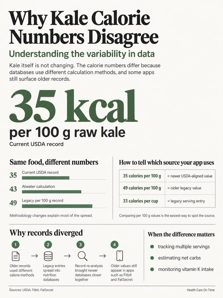 Infographic explaining kale calorie discrepancies with data points and sources for 100g raw kale calories.