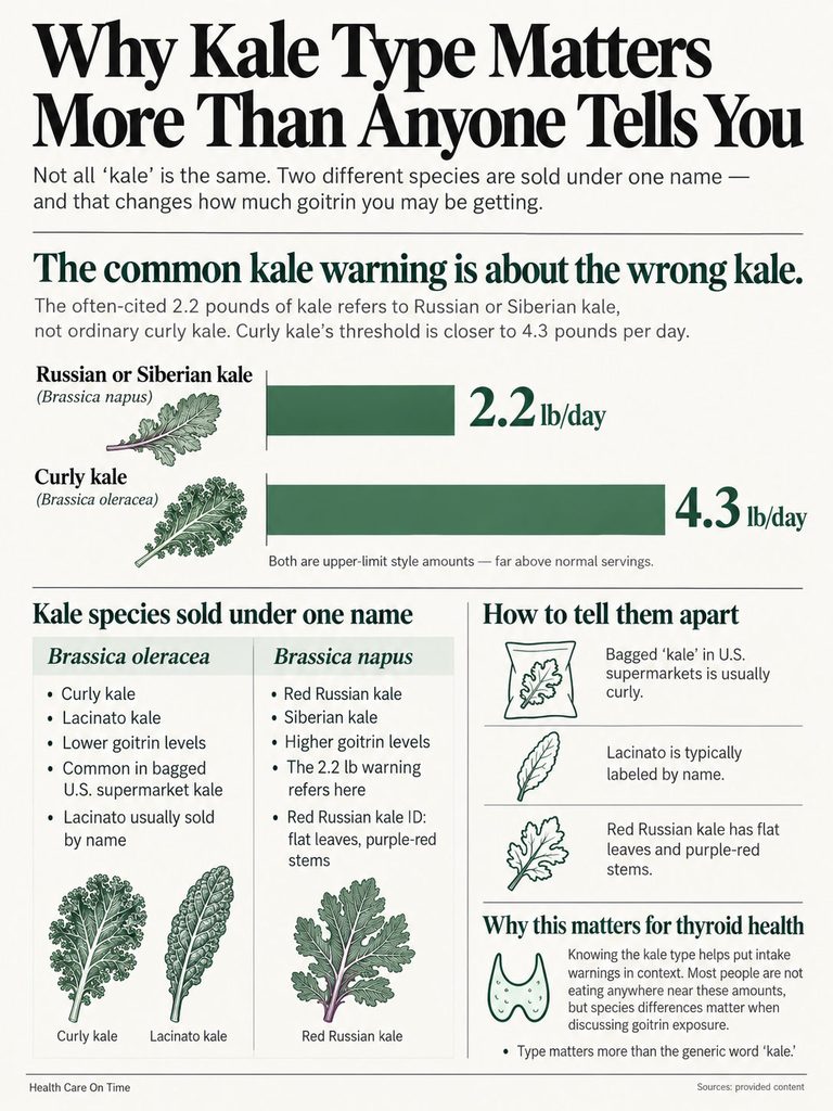Infographic comparing goitrin levels in Russian and curly kale, with serving size warnings and identification tips.