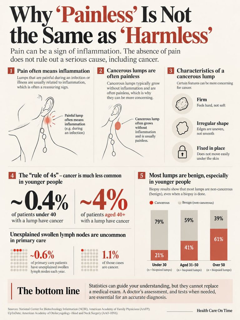 Infographic explaining the difference between painless and harmless lumps, featuring charts and key statistics on cancer.