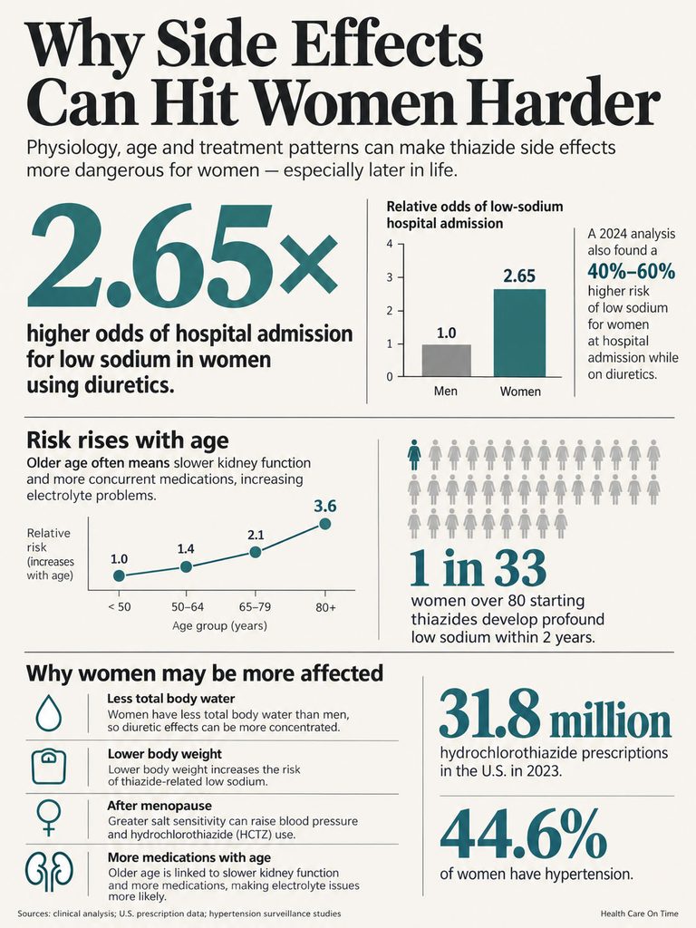 Infographic showing statistics on side effects of diuretics in women, including hospital admission odds and age risk factors.