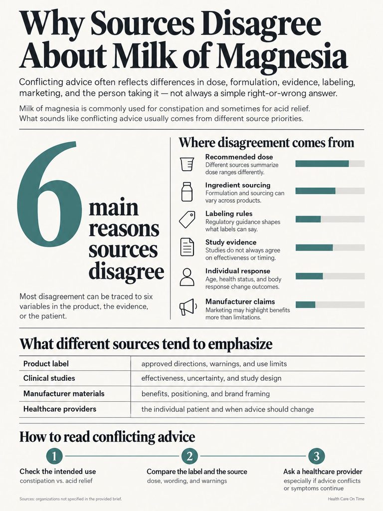Infographic explaining reasons for disagreement about Milk of Magnesia, including dose, ingredients, and labeling rules.