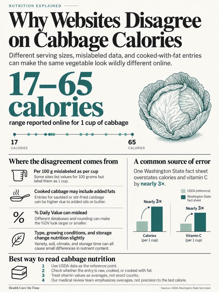Infographic explaining cabbage calorie discrepancies, showing 17-65 calories per cup and sources of error.