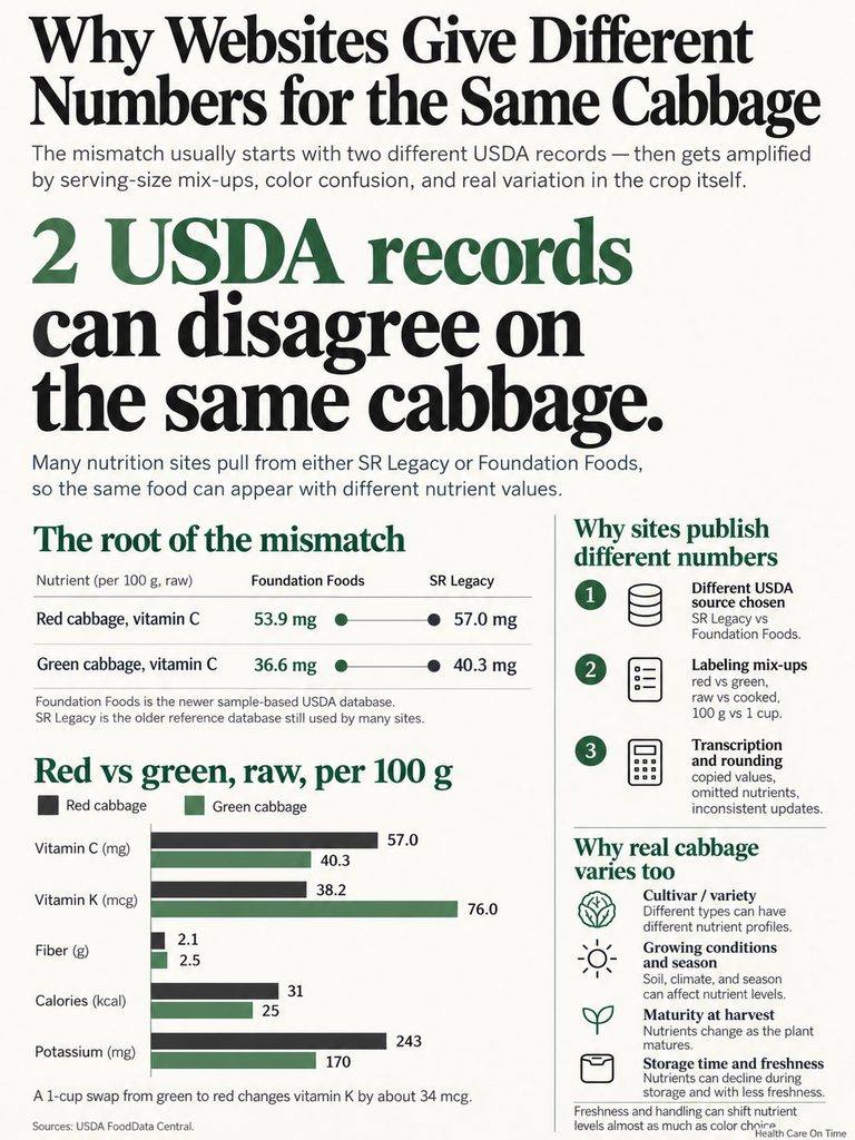 Infographic explaining discrepancies in USDA records for red and green cabbage nutrient values, featuring charts and text.