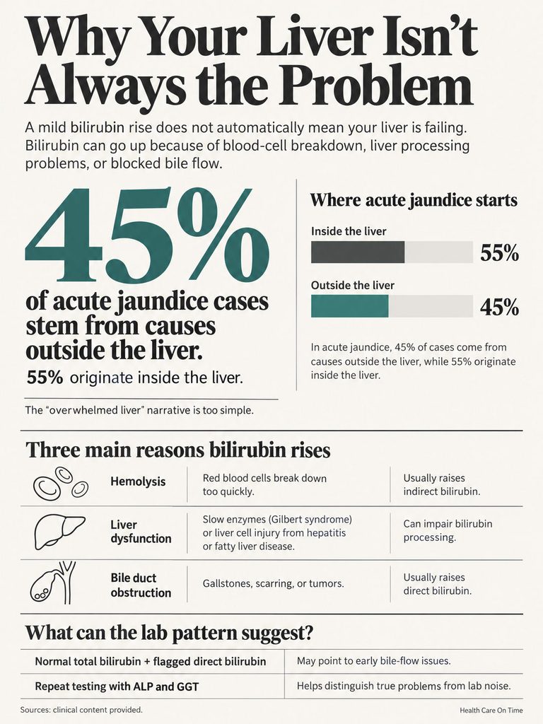 Infographic explaining causes of jaundice, showing statistics and reasons for bilirubin rise, with charts and icons.