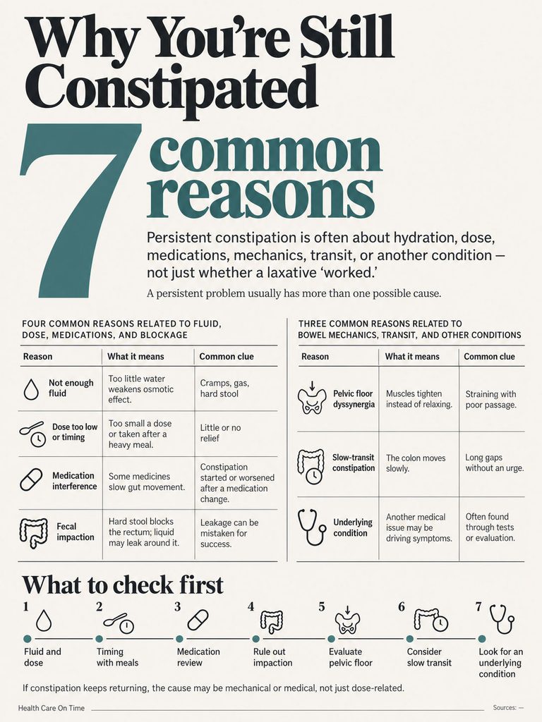 Infographic detailing 7 common reasons for constipation, including hydration, medication, and bowel mechanics.