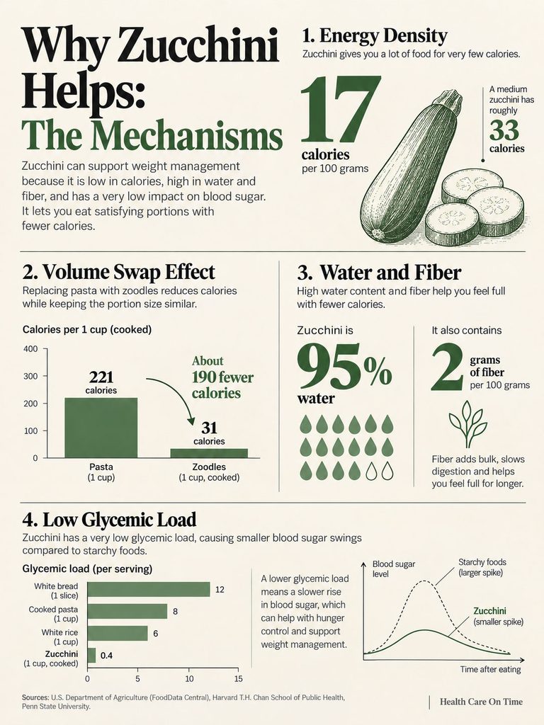 Infographic showing benefits of zucchini for weight management, including energy density, water content, and glycemic load.