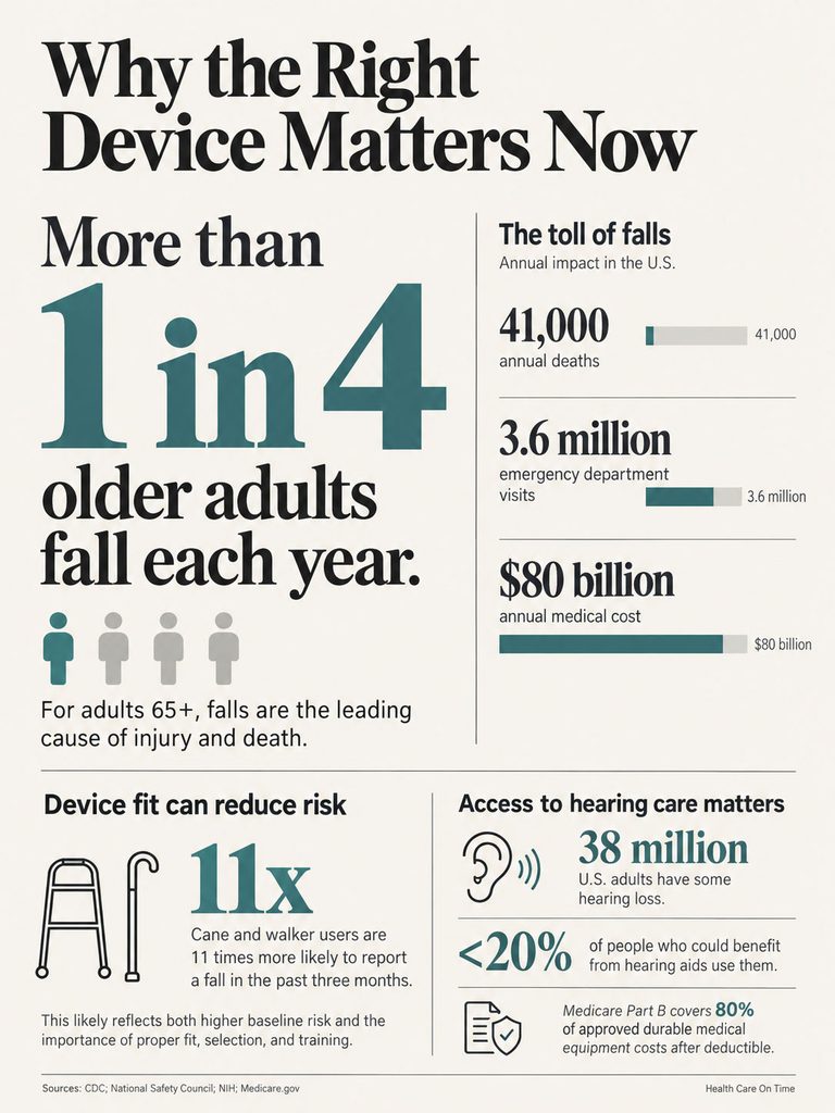 Infographic showing fall statistics for older adults, including deaths, emergency visits, and medical costs.