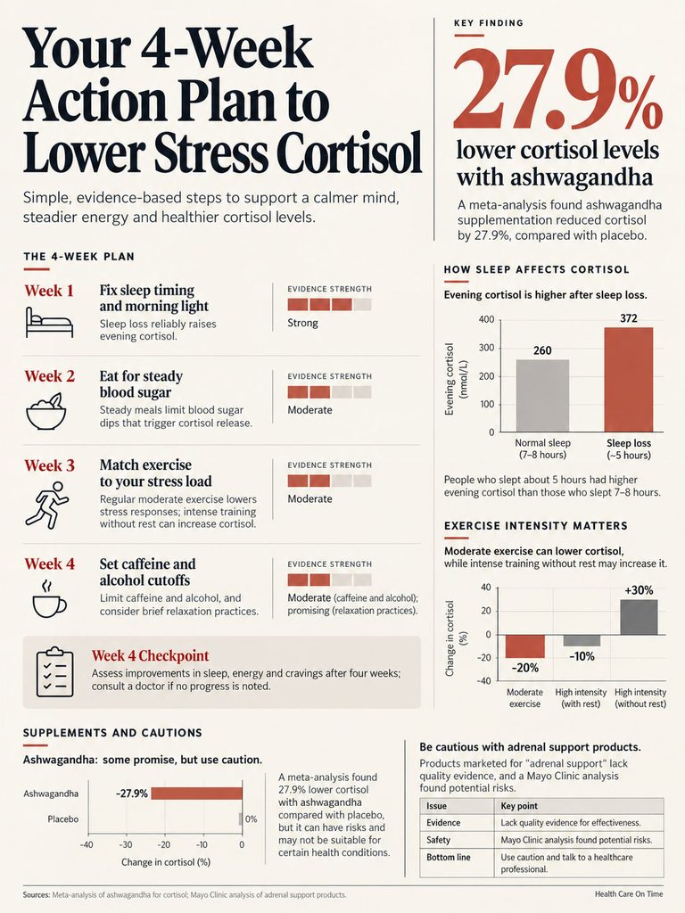 Infographic detailing a 4-week plan to lower stress cortisol with steps, evidence strength, and key findings on ashwagandha.