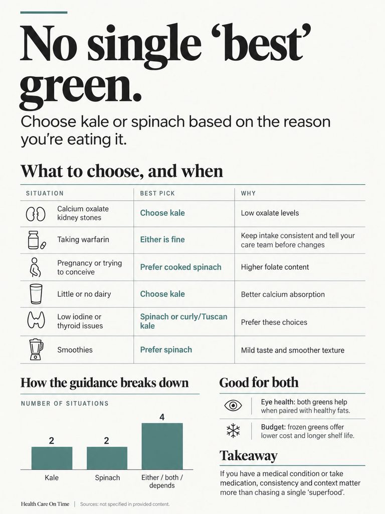 Infographic comparing kale and spinach choices for health situations with charts and recommendations.