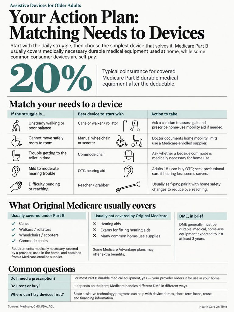 Infographic matching assistive devices to needs for older adults, showing device options and Medicare coverage details.