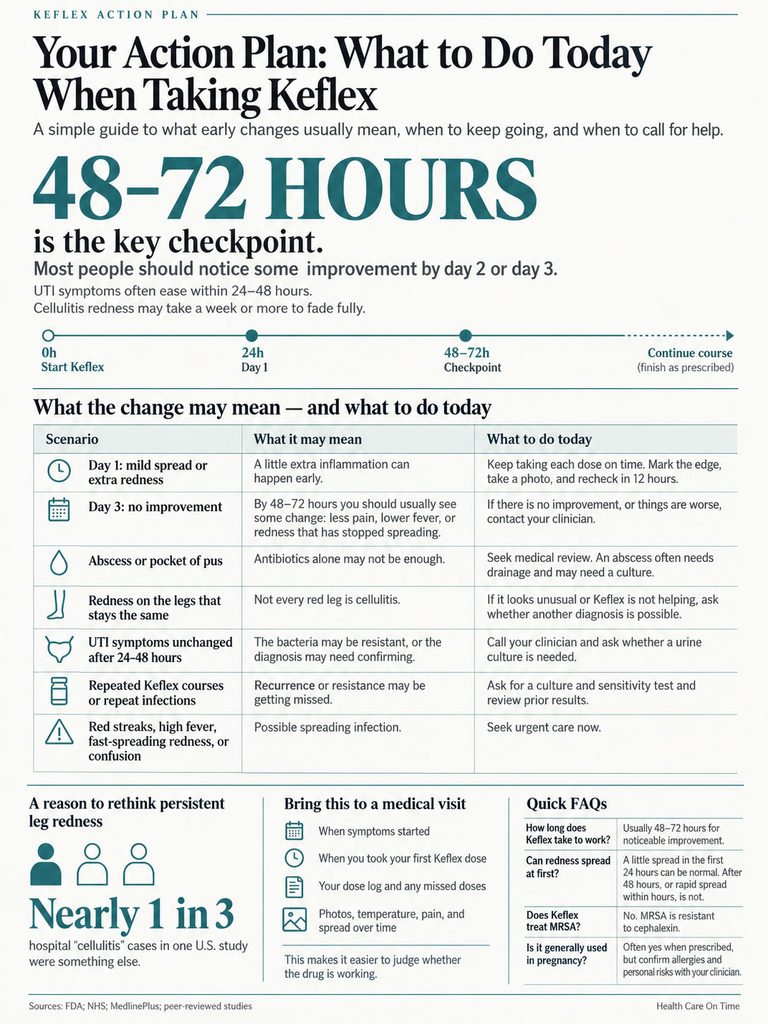 Infographic detailing action plan for taking Keflex, including symptoms and timelines for improvement.