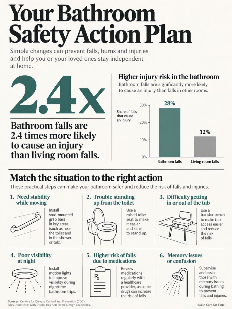 Infographic showing bathroom safety tips to prevent falls, including statistics and practical actions for safety.