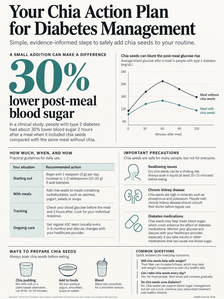 Infographic on chia seeds for diabetes management, showing guidelines, benefits, and precautions with charts and icons.