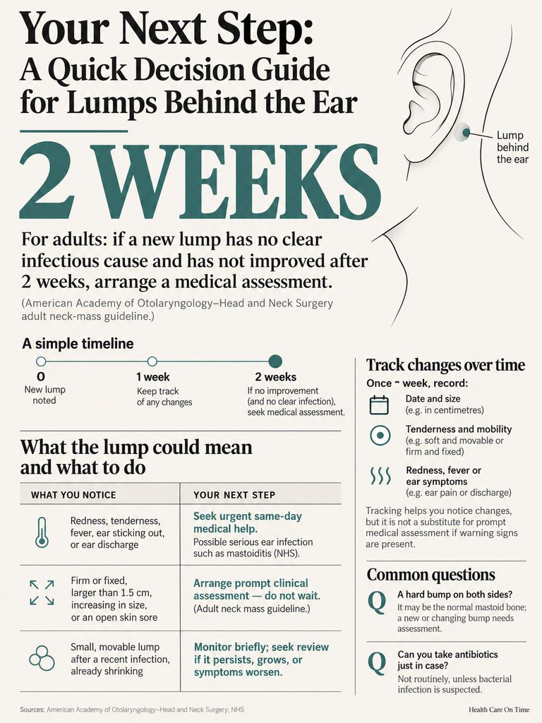 Infographic showing a decision guide for lumps behind the ear with timelines and action steps for adults.