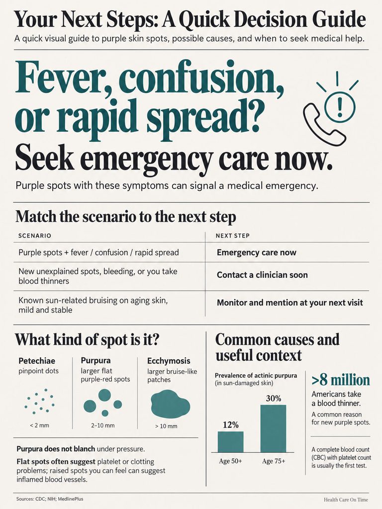 Infographic detailing purple skin spots, symptoms, and next steps for medical care, including charts and icons.