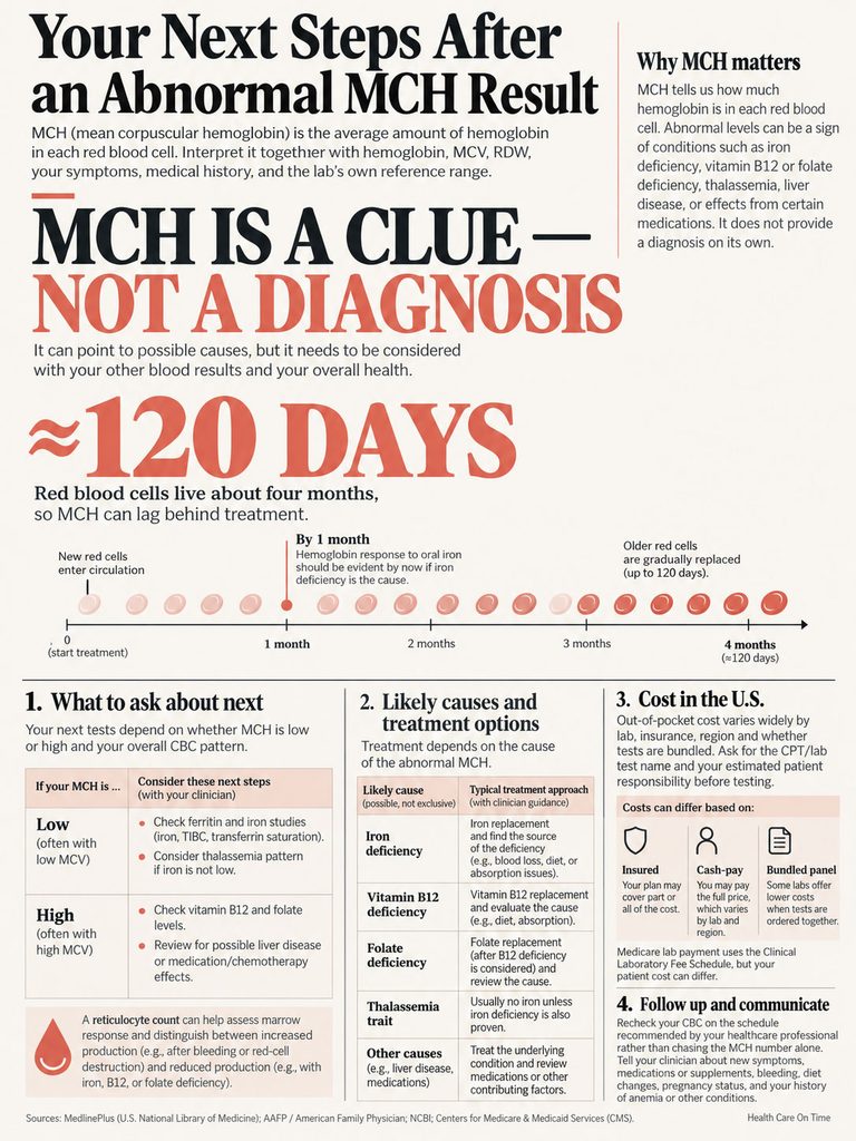 Infographic detailing steps after an abnormal MCH result, including causes, treatment options, and costs.