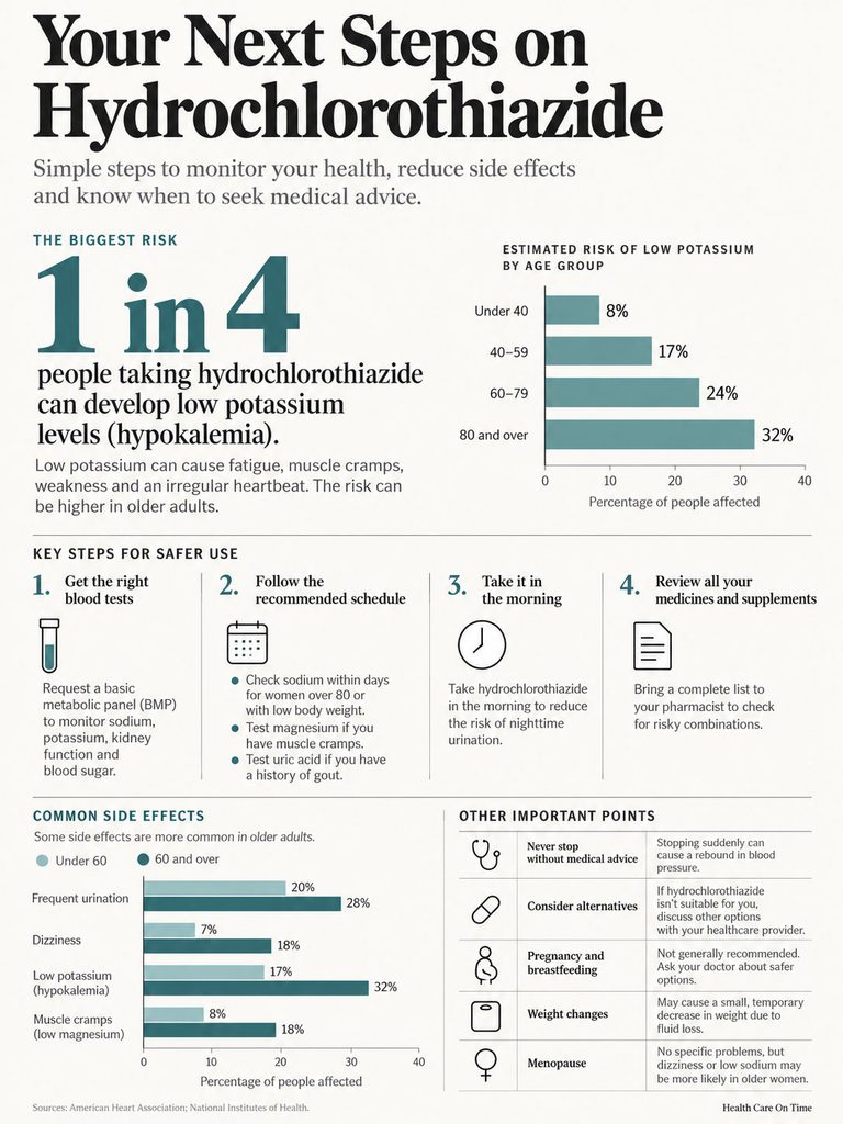 Infographic detailing steps to monitor health while taking hydrochlorothiazide, including risks and recommendations.