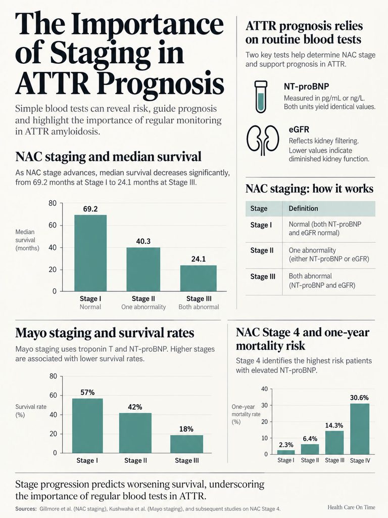 Infographic showing NAC staging and median survival rates in ATTR prognosis with charts and statistics.