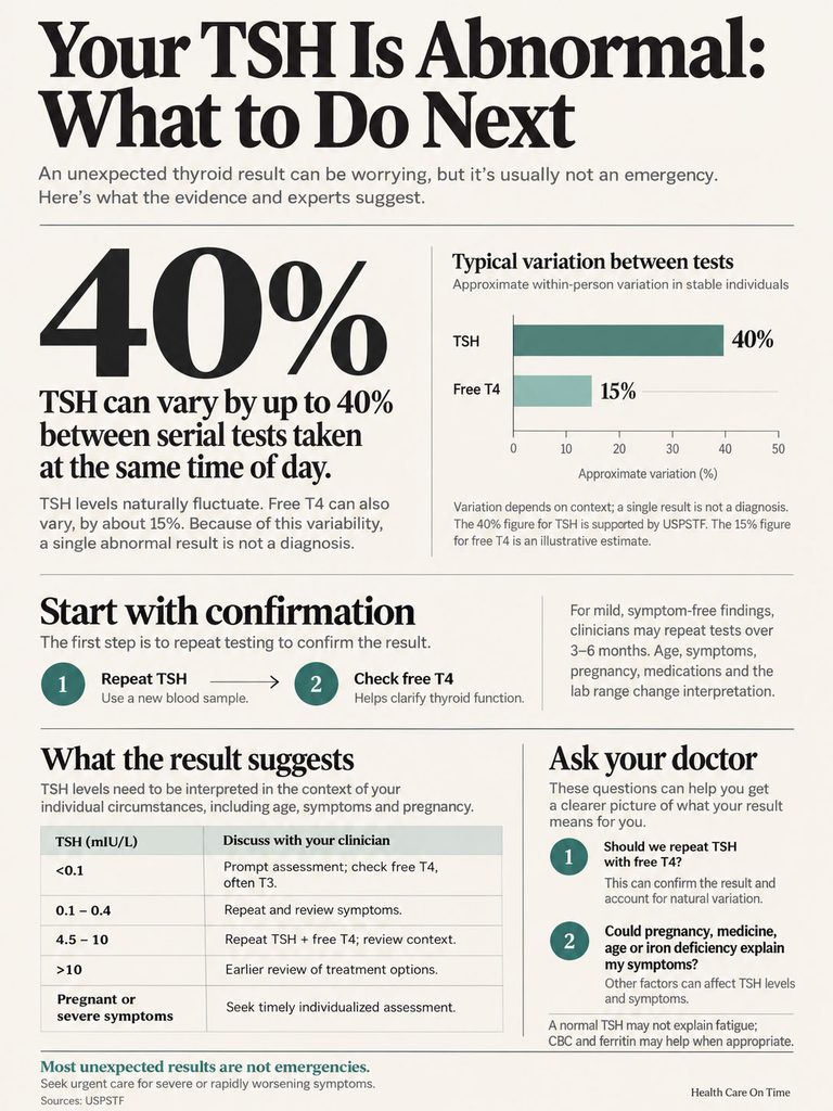 Infographic explaining TSH test variations, suggesting repeat tests, and discussing results interpretation.