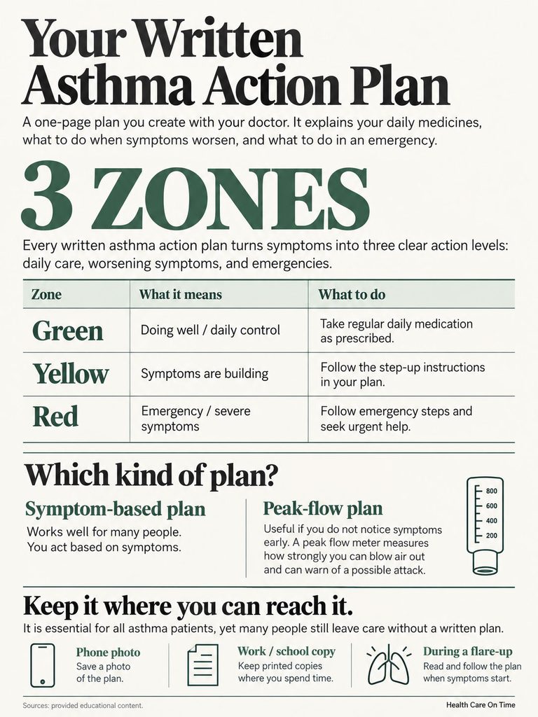 Asthma action plan infographic detailing three zones: green, yellow, red, with instructions for each zone.