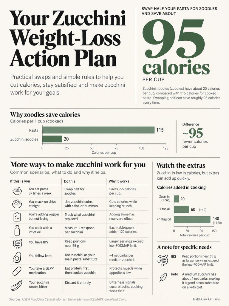 Infographic showing zucchini weight-loss action plan with calorie comparisons and tips for using zucchini in meals.