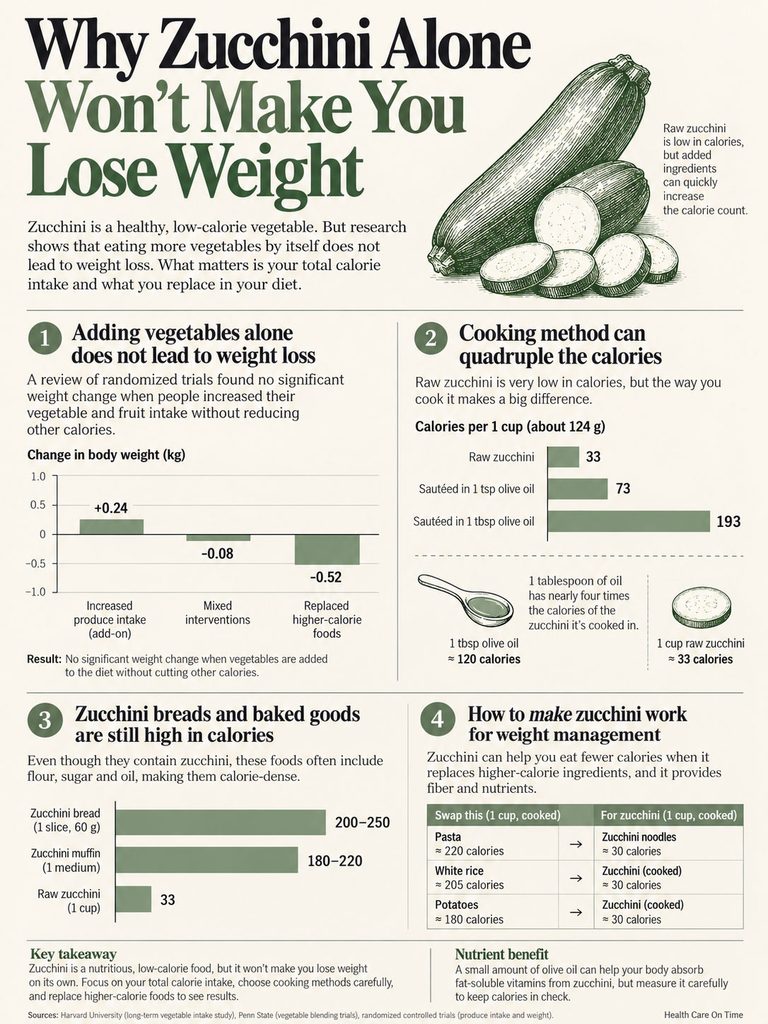 Infographic explaining why zucchini alone won't lead to weight loss, featuring charts and calorie comparisons.
