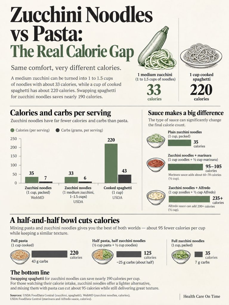 Infographic comparing calories in zucchini noodles and pasta, showing nutritional data and serving sizes.