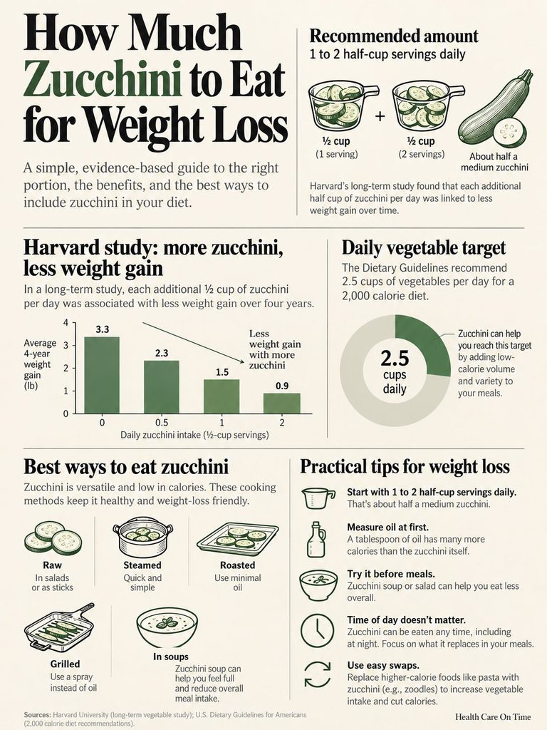 Infographic showing zucchini portions for weight loss, benefits, and cooking methods with charts and icons.