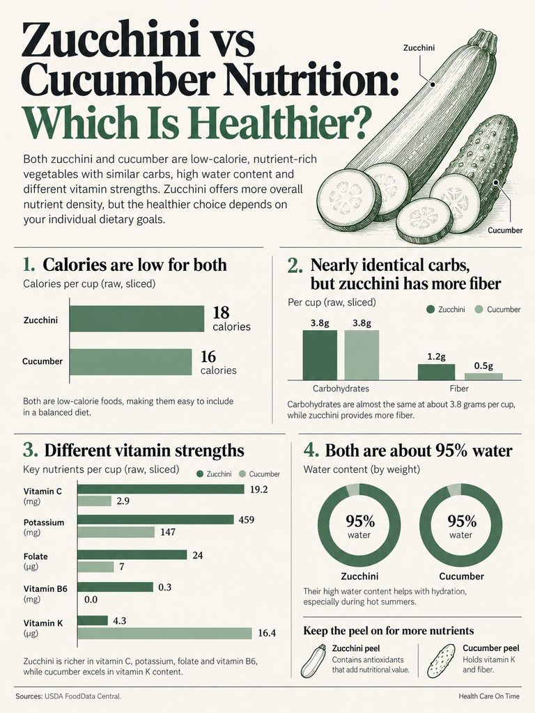 Comparison of zucchini and cucumber nutrition with charts on calories, fiber, vitamins, and water content. Infographic.