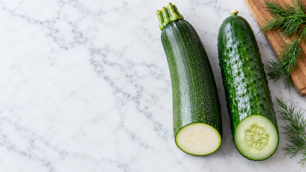 A halved zucchini and cucumber on a marble countertop with fresh dill nearby.