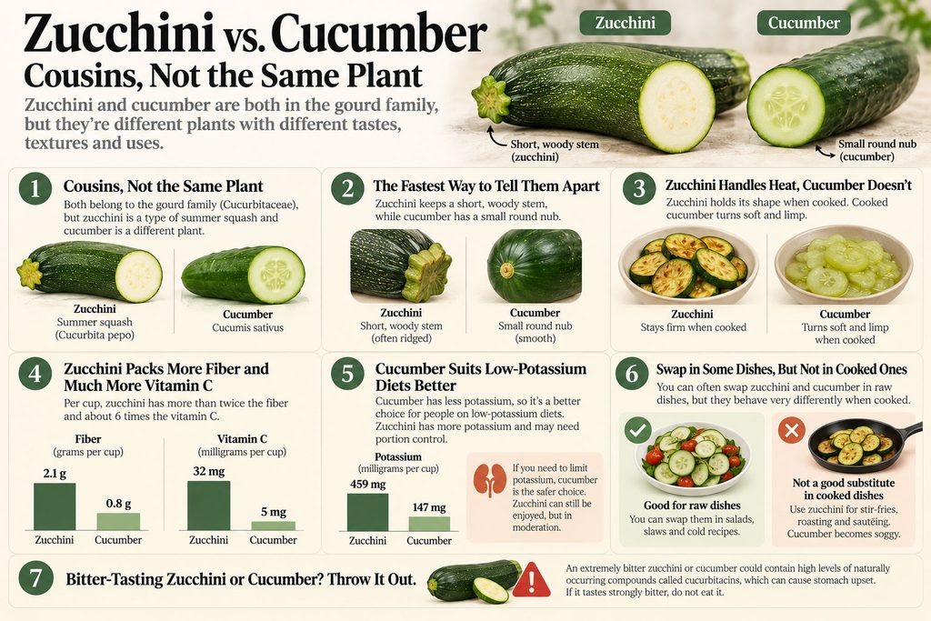 Infographic comparing zucchini and cucumber, highlighting differences in appearance, nutrition, and cooking methods.